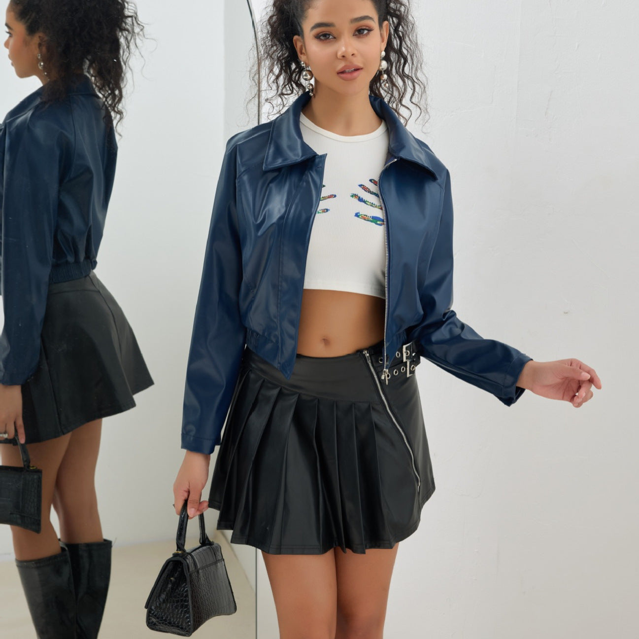 Veste courte en cuir Vintage Zipper American